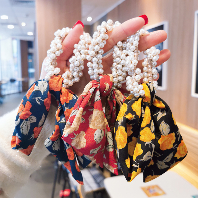 ins碎花珍珠飘带网红发圈蝴蝶结头饰发带女韩国头绳简约发绳